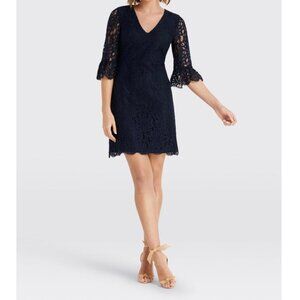 Draper James Womens Bell Sleeve Lace Dress Nassau Navy Blue V Neck size 4